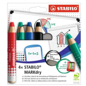 ETUI DE 4 CRAYONS DE COULEUR STABILO WOODY 3in1 noir, bleu, rouge, vert + TAILLE CRAYON +chiffonnette-  (fonctionne sur tableau blanc) Woody devient MARKDry