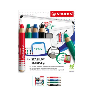 CRAYON MARQUEUR STABILO MARKDRY SPECIAL TABLEAU BLANC ETUI CARTON DE 4 ASSORT + TAILLE CRAYONS + CHIFFON